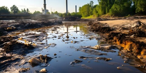 Obraz premium Industrial waste and sewage pollute river causing environmental disaster and contamination. Concept Polluting Industry, Sewage Overflow, River Contamination, Environmental Disaster