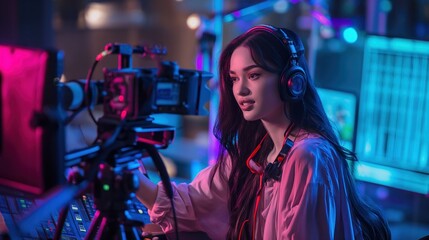 woman content creator doing live streaming in front of a camera