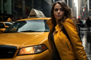 Fototapeta premium Confident young woman in a trendy yellow jacket standing by a yellow cab on a wet urban road
