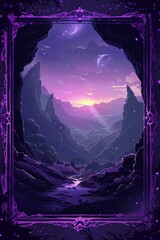 A cartoon-style fantasy RPG card background featuring a mythical purple and red landscape with a dark, ominous atmosphere, framed by intricate details.