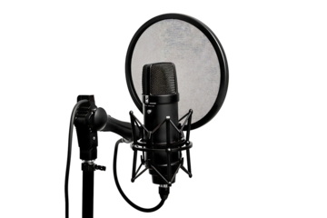 Professional black mic stand and pop filter on transparent background