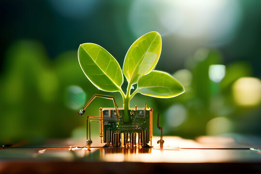 Sustainability and eco friendly practice ,a plant in circuit board with a microchip processer 