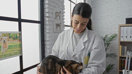 A young hispanic female veterinarian in a clinic holding a calm cat while smiling, with veterinary posters and a window in the background.