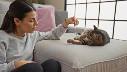A young hispanic woman plays with her cat in the living room of her apartment, creating a cozy and intimate indoor scene. © Krakenimages.com