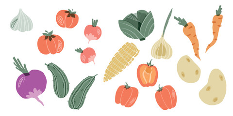 big set of vector vegetables in collage style isolated on white background