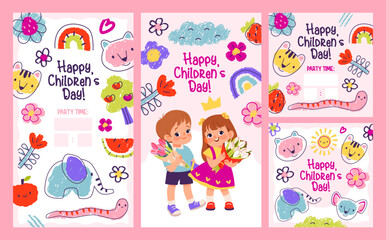 Happy Children's Day design. Baby hand drawn postcards. Children's Day celebration. Template for poster, banner, invitation, post 