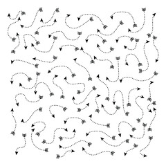 Dotted doodle arrows. Hand drawn line pointers, pencil sketch elements, round curly wavy direction arrows isolated on white background. Vector black arrows hand drawn set. Vector illustration.