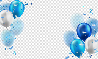 Blue wallpaper with lots of 3d realistic glossy balloons and confetti on transparent background with blank space for greeting text. Banner for birthday, celebration party, sale, opening event, holiday © Qeeraw