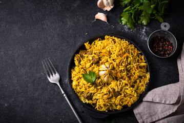 Pilaf, rice with vegetables and lamb meat