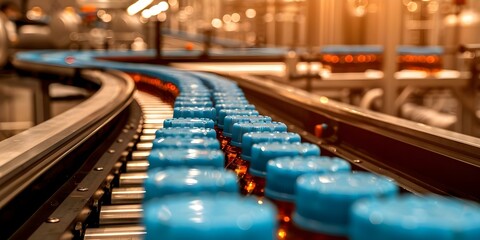 Factory conveyor line with blue caps for bottling milk in a dry plant. Concept Manufacturing process, Conveyor systems, Dairy industry, Product packaging, Industrial automation