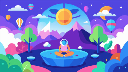 Naklejka premium Wellness Wonderland Step into a virtual world of wonder and mindfulness filled with colorful landscapes and guided visualizations.. Vector illustration