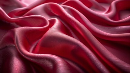 Fototapeta premium Luxurious close-up of red satin fabric with soft waves and sparkling water droplets enhancing its texture