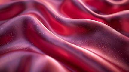 Fototapeta premium Luxurious close-up of red satin fabric with soft waves and sparkling water droplets enhancing its texture