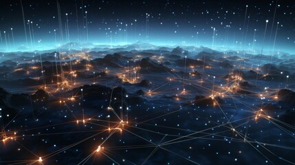 Futuristic visualization of a complex network with glowing data connections in vibrant blue and pink