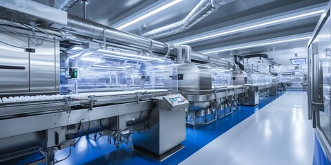 Fototapeta premium Hygienic meat processing facility with organized layout and metal surfaces. Concept Hygienic Practices, Meat Processing, Facility Layout, Metal Surfaces, Food Safety