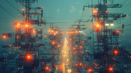 Overhead view of a complex network of electrical wires and structures illuminated with glowing lights, creating a futuristic cityscape at dusk.