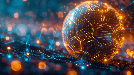 Abstract image presenting a soccer ball with digital analytics interface, symbolizing online sports betting and data analysis
