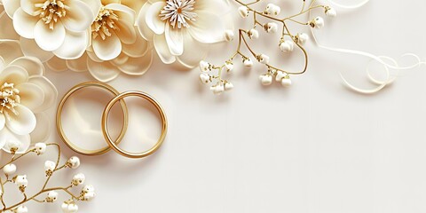 a image of two wedding rings and flowers on a white background
