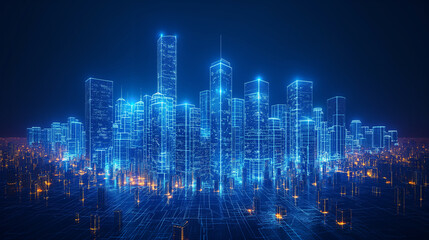 concept of smart or digital city, wire frame Cityscape in futuristic style.