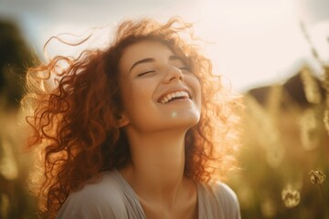 Fototapeta premium Joyful redhead woman with a beaming smile basks in the warm sunlight amidst tall grass