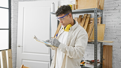 A young man inspects a clipboard in a well-organized woodworking workshop wearing protective gear.
