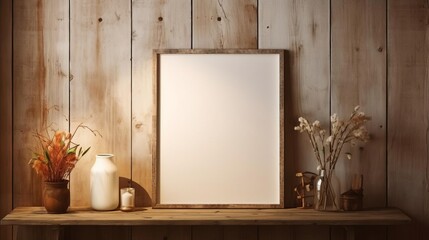 rustic wall art mockup, Cozy rustic room with a blank frame on a distressed wooden wall