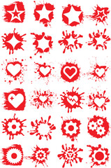 red ink splatters in various shapes including star, gear and hearts. Ideal for creative design elements. Bright with a texture look