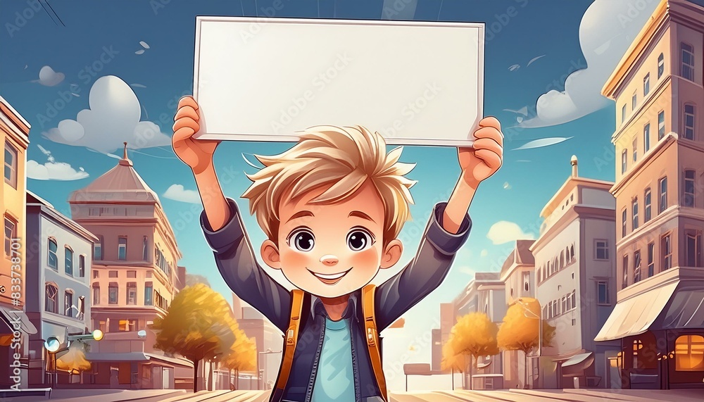 Wall mural boy holding up a blank sign