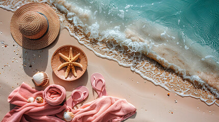 A pink towel, flip-flops, a hat, a shell lie on the white sand, on the shore on a sunny day.