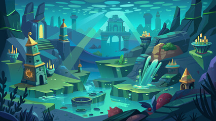 Underwater archaeological sites, revealing ancient cities with mysterious, glowing artifacts