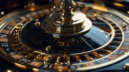 Elegant roulette wheel with black and gold effects, captured in a close-up. Great for illustrating the opulence of casino gaming