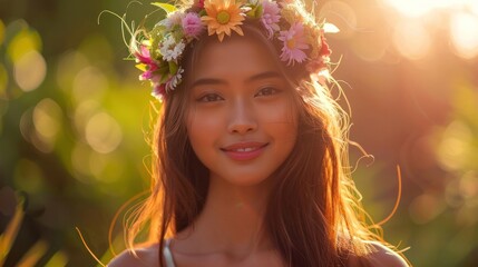 Thai Beauty Portrait of a Woman in Flower Crown with Halo Effect