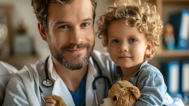 Professional pediatrician examining a child in clinic setting, promoting child health and care. Great for pediatric and healthcare advertising. Photo realistic image.