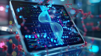 Innovative genetic techniques shown on a tablet with complex data, symbolizing precision and technology in genetics. Perfect for scientific and research imagery