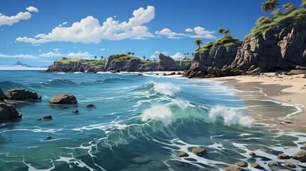 Fototapeta premium Scenic Tropical Beach with Crashing Waves, Cliffs, and Palm Trees