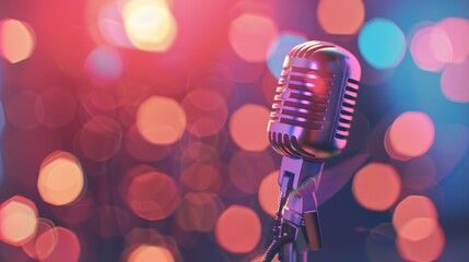 Live podcast scene with a retro microphone and abstract background blur, featuring a person singing karaoke style. Ideal for entertainment and broadcast themes