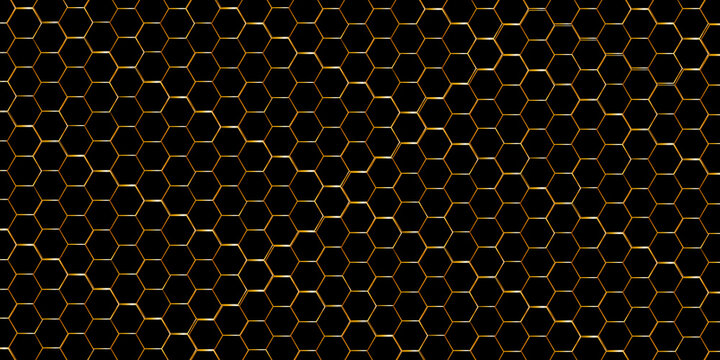 Abstract dark black hexagon and gold line cube honeycomb grid background.