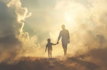 Silhouette of an Adult Holding the Hand and Arm of Their Child, Symbolizing Support During Challenging Times. Bathed in Soft Sunlight with Gentle Shadows Against a Cloudy Sky Backdrop.