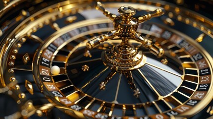 Opulent roulette wheel with black and gold details, shown in a close-up view. Perfect for themes of luxury, elegance, and casino gaming