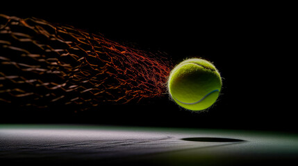 Tennis ball hit water and splash in air. Green Tennis ball fly in rain and splatter spin splash in droplet water. Black background isolated freeze action - Powered by Adobe