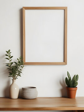 One empty wooden frame picture frame There was a small vase of plants placed on a white wooden table, overall in a vintage style.generate AI