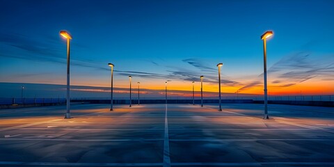 Night view of modern parking lot with tall illuminated light poles under sky. Concept Night Photography, Parking Lot, Light Poles, Illuminated, Urban Landscape
