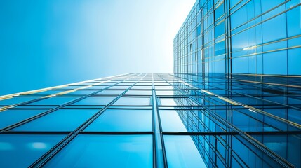 Obraz premium Skyscraper with multiple windows and a clear blue sky, emphasizing height and modern architecture. Perfect for cityscape and building imagery