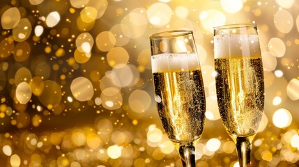Sparkling gold background with a pair of champagne flutes, representing festive toasts and elegance. Great for party and celebration visuals