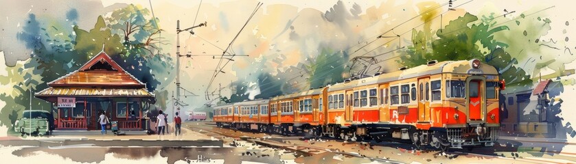 Obraz premium Watercolor painting of a train arriving at a rural station.