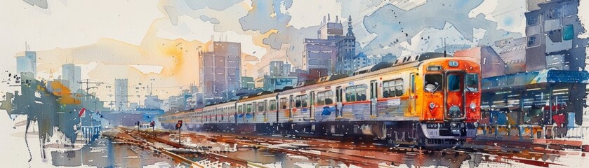 Watercolor painting of a train passing through a city.