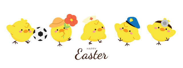 Set of cute easter chicks vector. Happy animal occupation with yellow chicks in different career, doctor, farmer, chef, police. Chicken character illustration design for clipart, sticker, card.