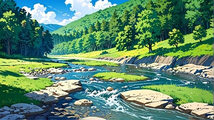 Winding river valley, river flowing stream, rocks, countryside forest Anime style illustration, anime background, cinematic, vibrant flat vector illustration, digital art