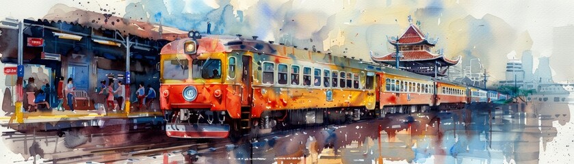 Watercolor painting of a train with yellow and red cars in a city setting.