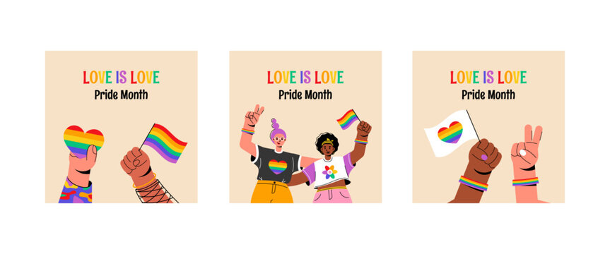 LGBT pride month set square media post template for social media.Rainbow flag, people.Vector stock illustration.